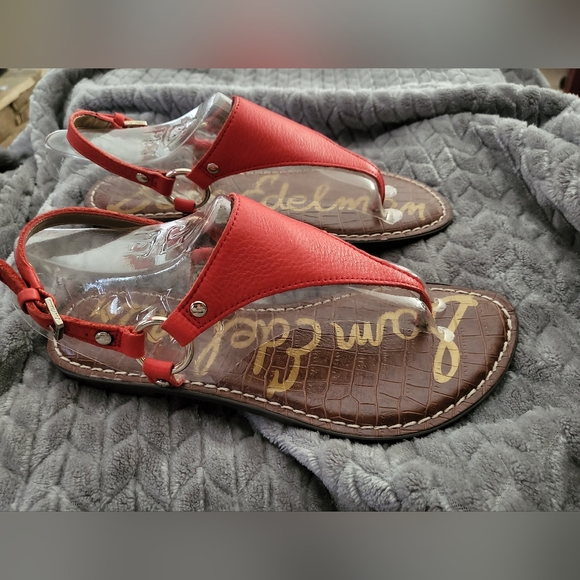 Sam Edelman Greta red leather thong buckle ankle strap sandal flats 6M - Picture 1 of 8